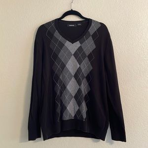 Claiborne Mens V-neck Argyle Cotton Sweater Light Black Grey Large vintage